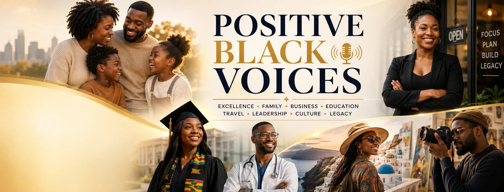 Positive Black Voices launch artwork showing excellence, family, business, education, travel, leadership, culture, and legacy